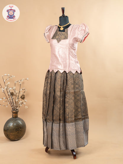 Baby Pink & Dark Green - Girls Readymade Pavadai Sattai