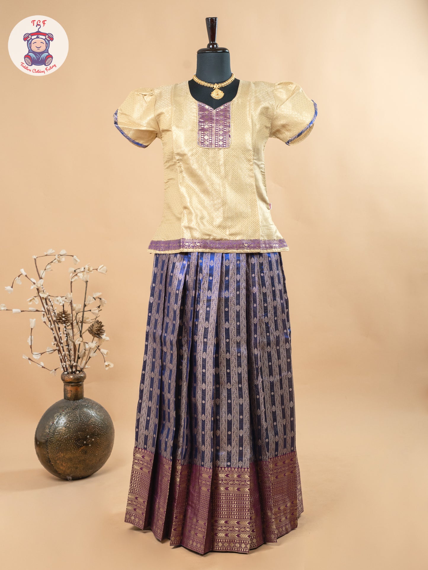 Beige & Navy Blue - Girls Readymade Pavadai Sattai