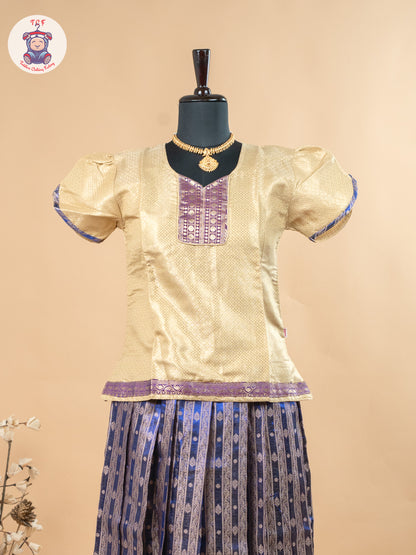 Beige & Navy Blue - Girls Readymade Pavadai Sattai