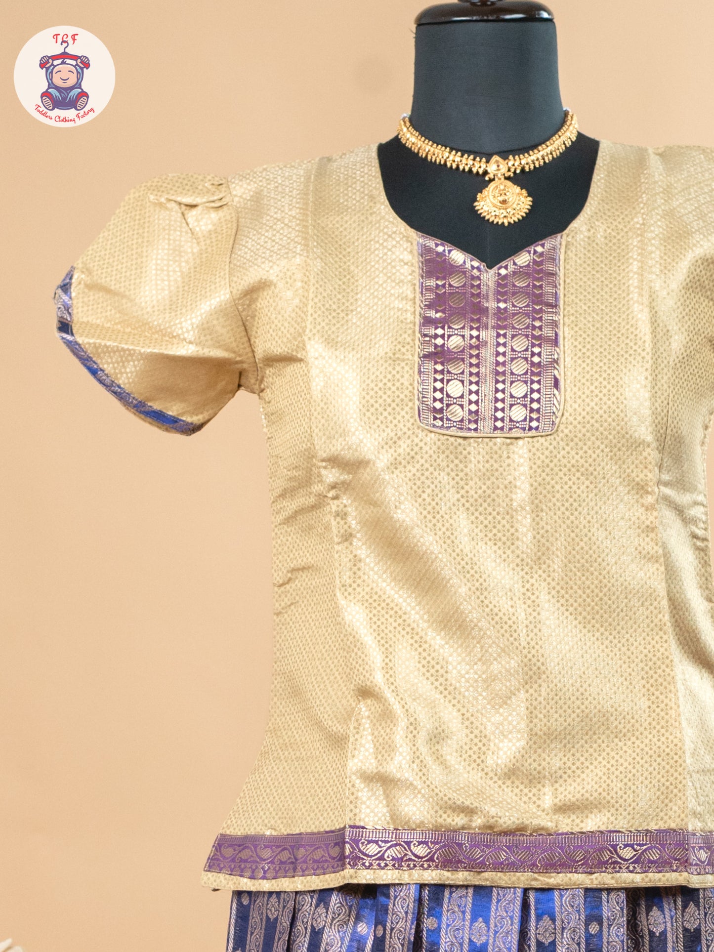 Beige & Navy Blue - Girls Readymade Pavadai Sattai