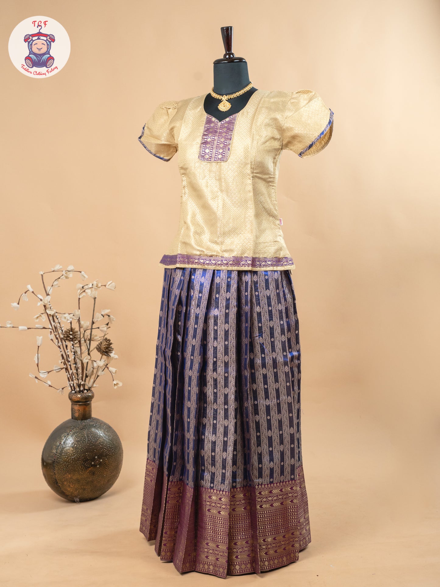 Beige & Navy Blue - Girls Readymade Pavadai Sattai