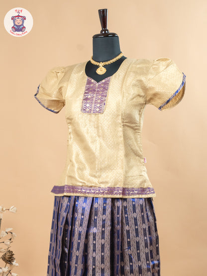 Beige & Navy Blue - Girls Readymade Pavadai Sattai