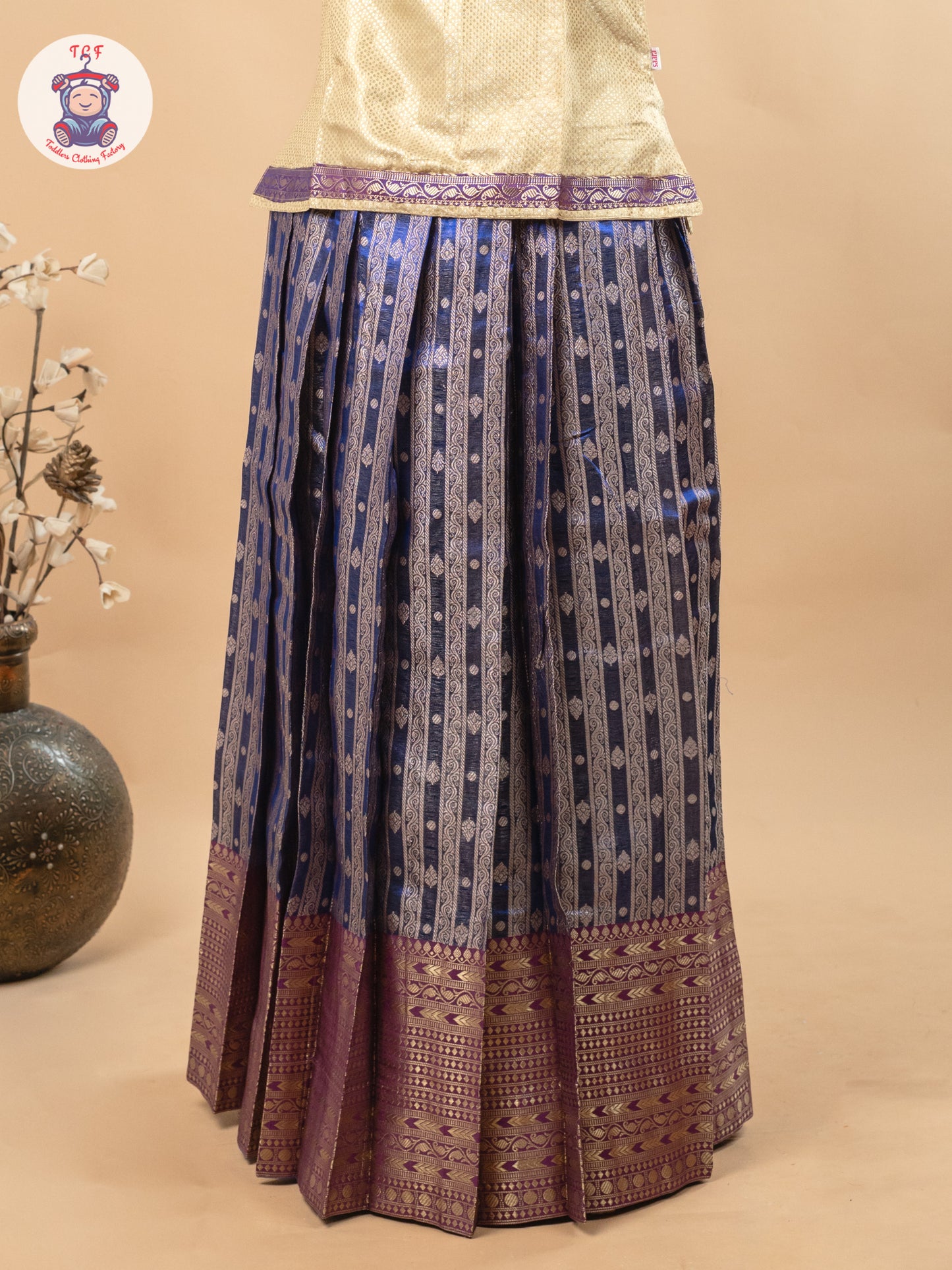 Beige & Navy Blue - Girls Readymade Pavadai Sattai