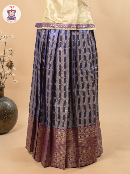 Beige & Navy Blue - Girls Readymade Pavadai Sattai