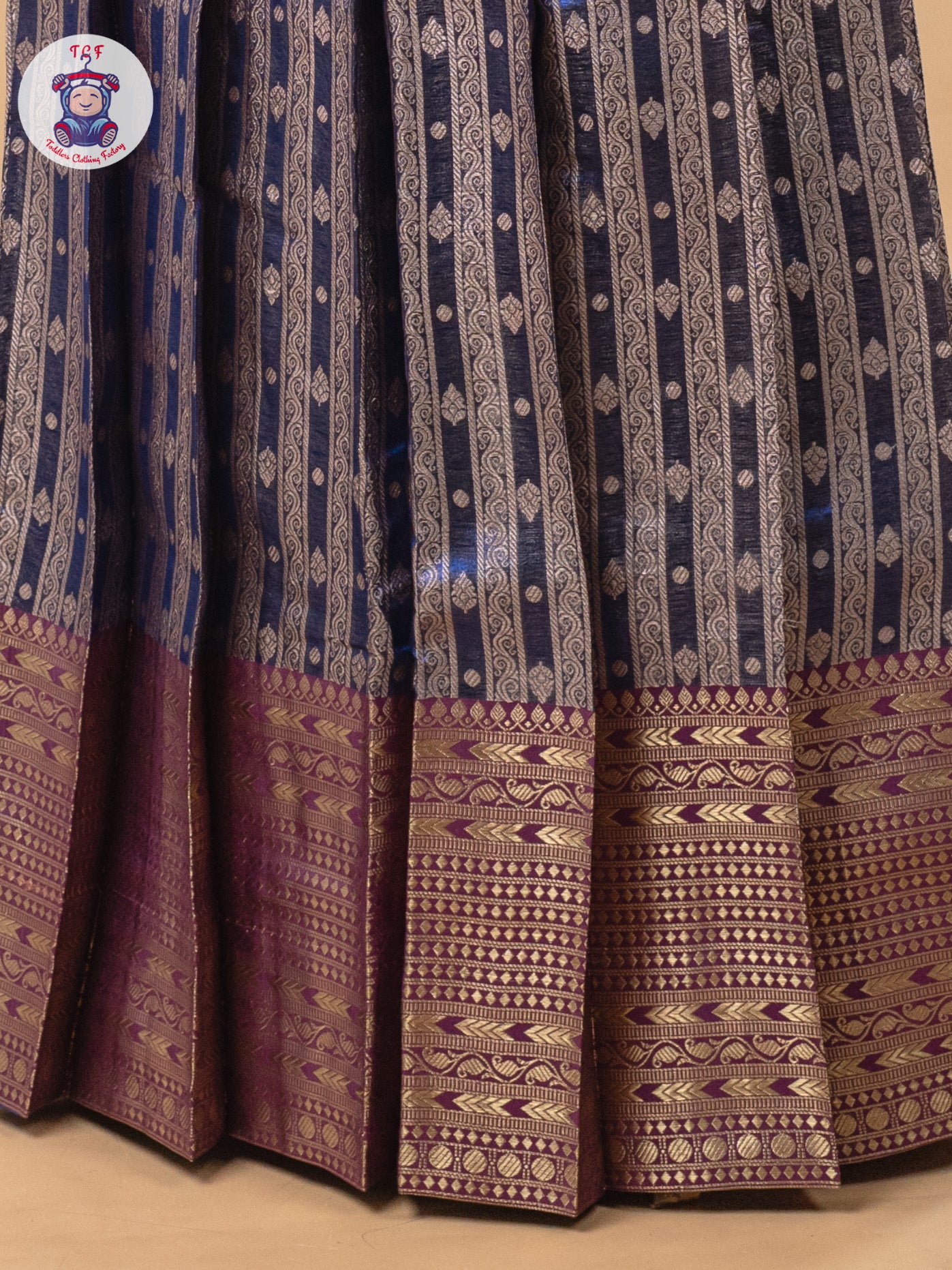Beige & Navy Blue - Girls Readymade Pavadai Sattai