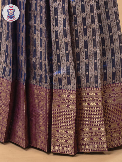 Beige & Navy Blue - Girls Readymade Pavadai Sattai