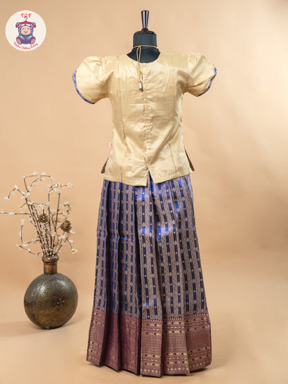 Beige & Navy Blue - Girls Readymade Pavadai Sattai