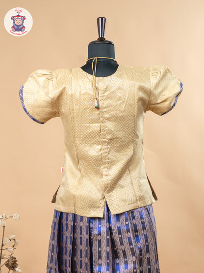 Beige & Navy Blue - Girls Readymade Pavadai Sattai
