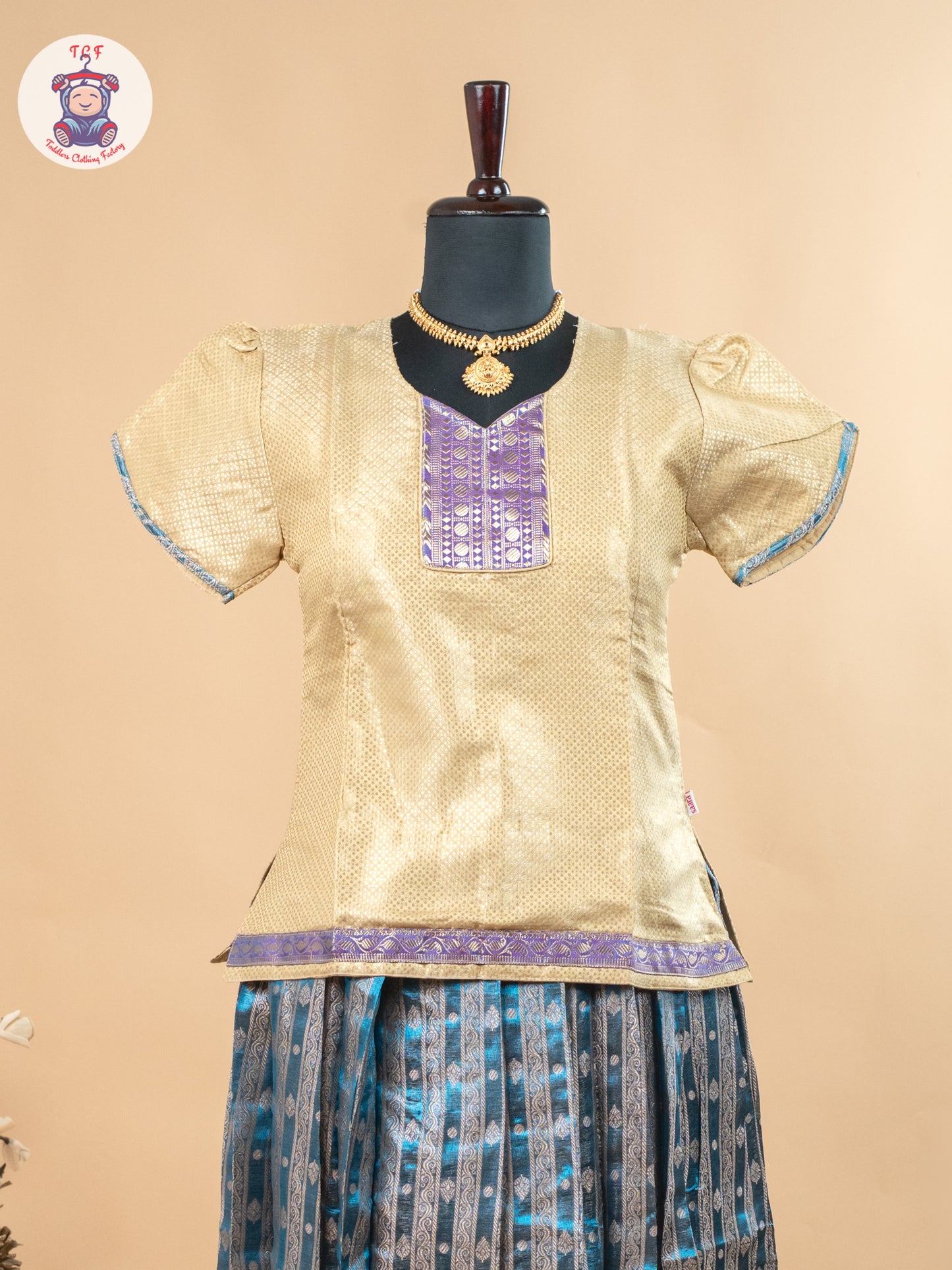 Beige & Teal Blue - Girls Readymade Pavadai Sattai