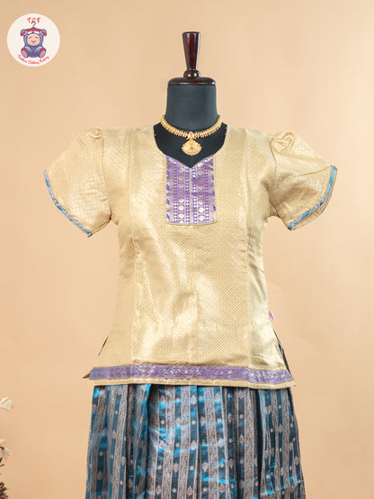 Beige & Teal Blue - Girls Readymade Pavadai Sattai