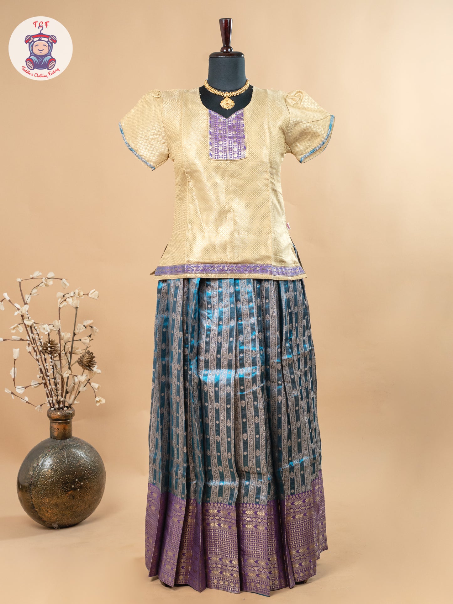 Beige & Teal Blue - Girls Readymade Pavadai Sattai
