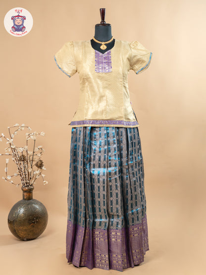 Beige & Teal Blue - Girls Readymade Pavadai Sattai