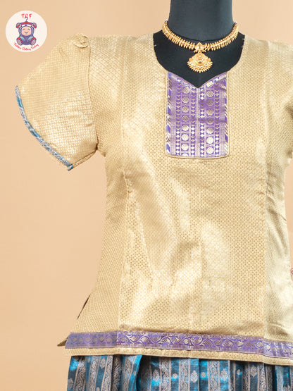 Beige & Teal Blue - Girls Readymade Pavadai Sattai