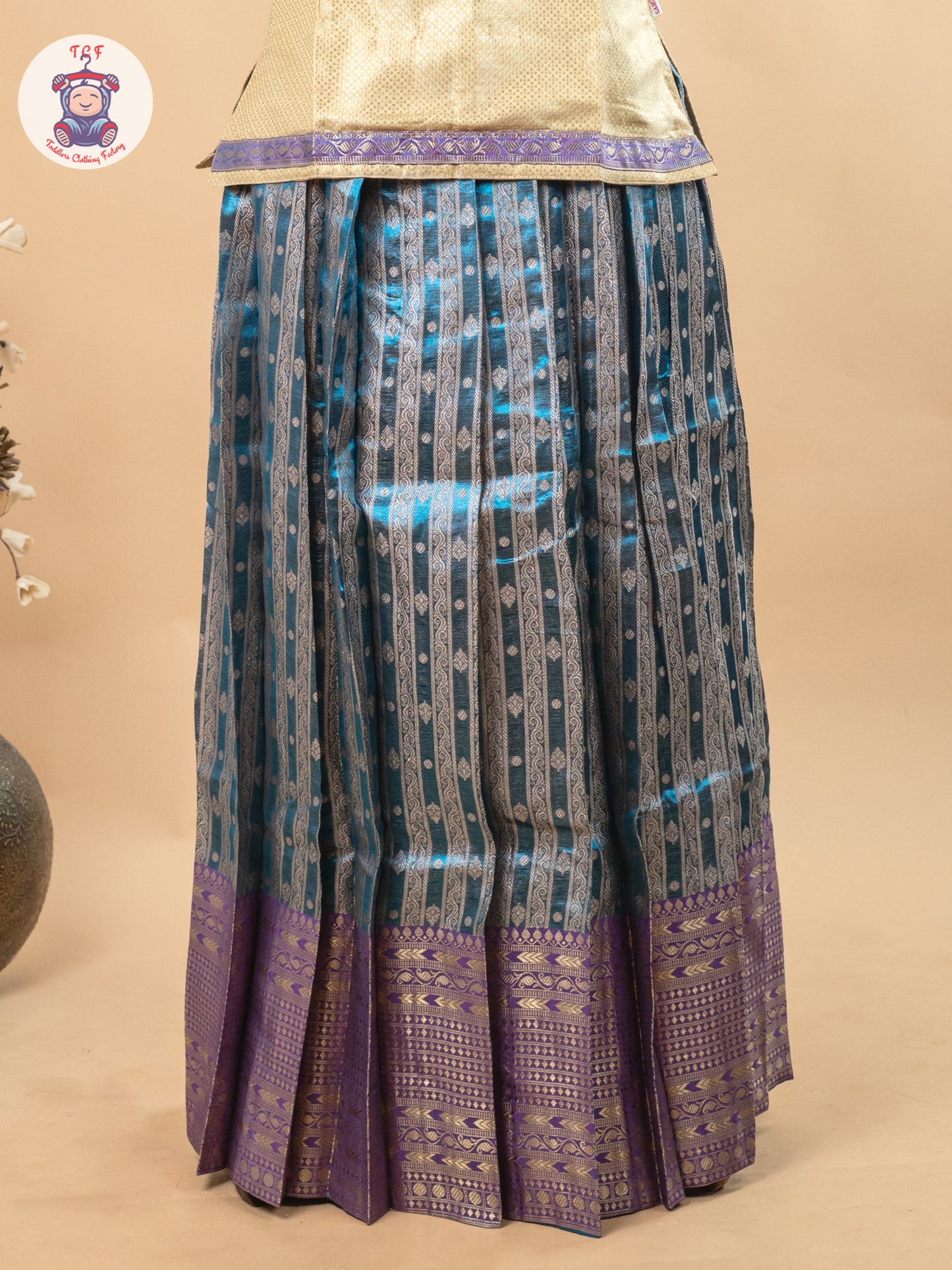 Beige & Teal Blue - Girls Readymade Pavadai Sattai