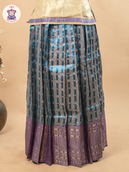 Beige & Teal Blue - Girls Readymade Pavadai Sattai