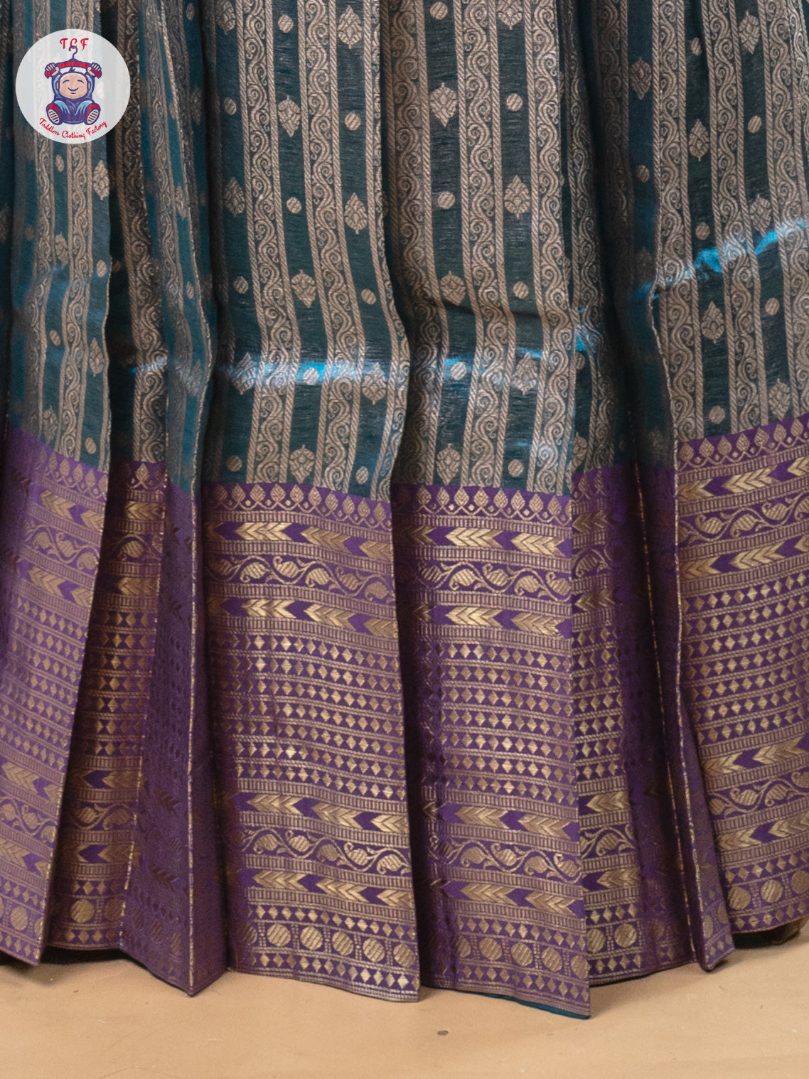 Beige & Teal Blue - Girls Readymade Pavadai Sattai