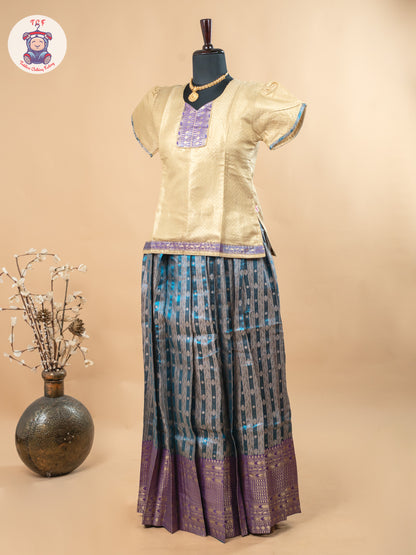 Beige & Teal Blue - Girls Readymade Pavadai Sattai
