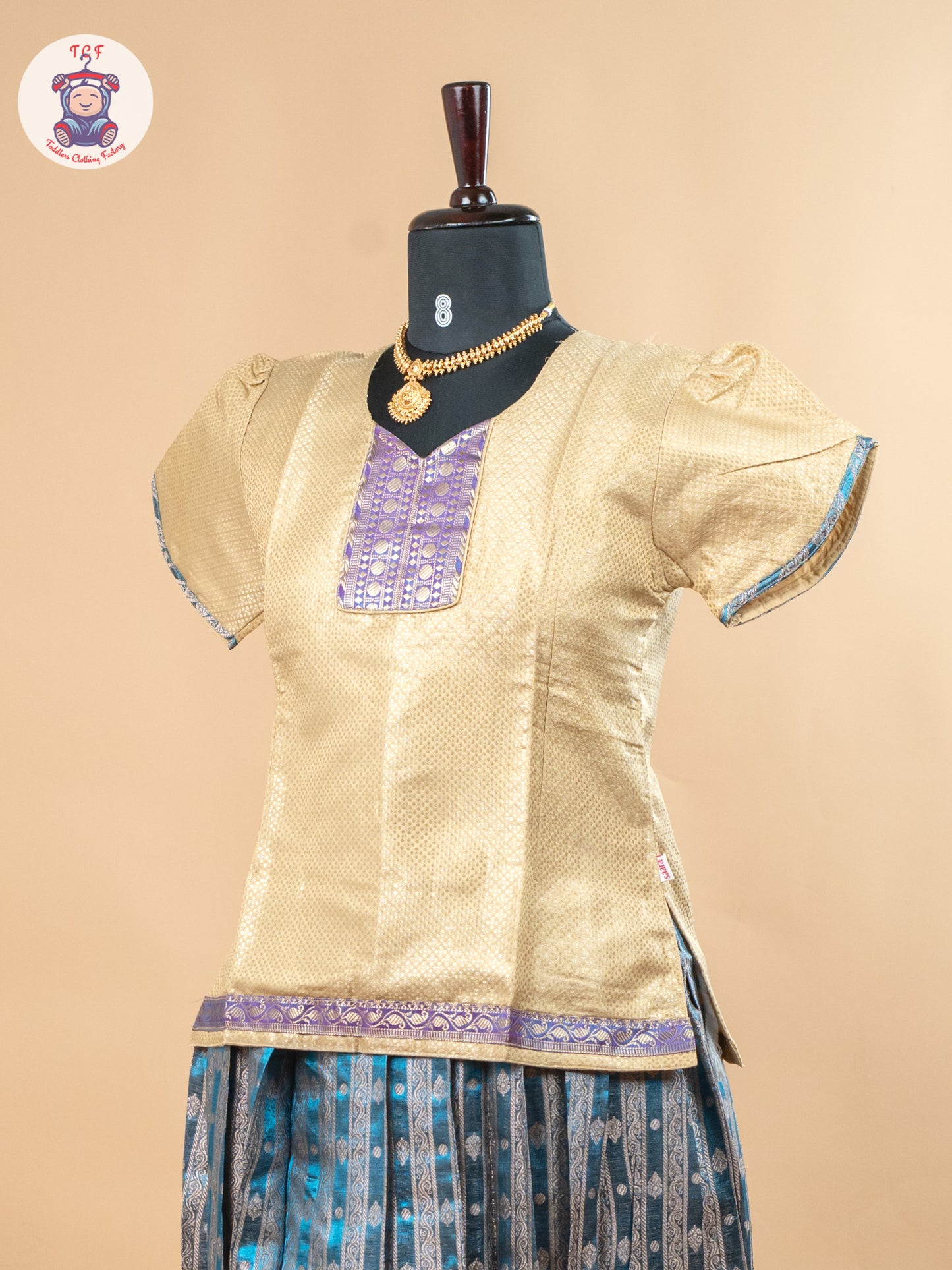 Beige & Teal Blue - Girls Readymade Pavadai Sattai