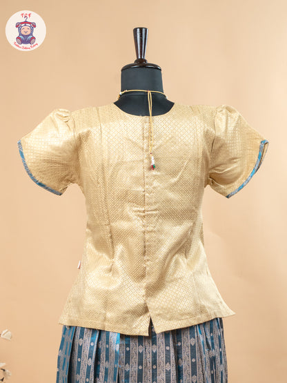Beige & Teal Blue - Girls Readymade Pavadai Sattai