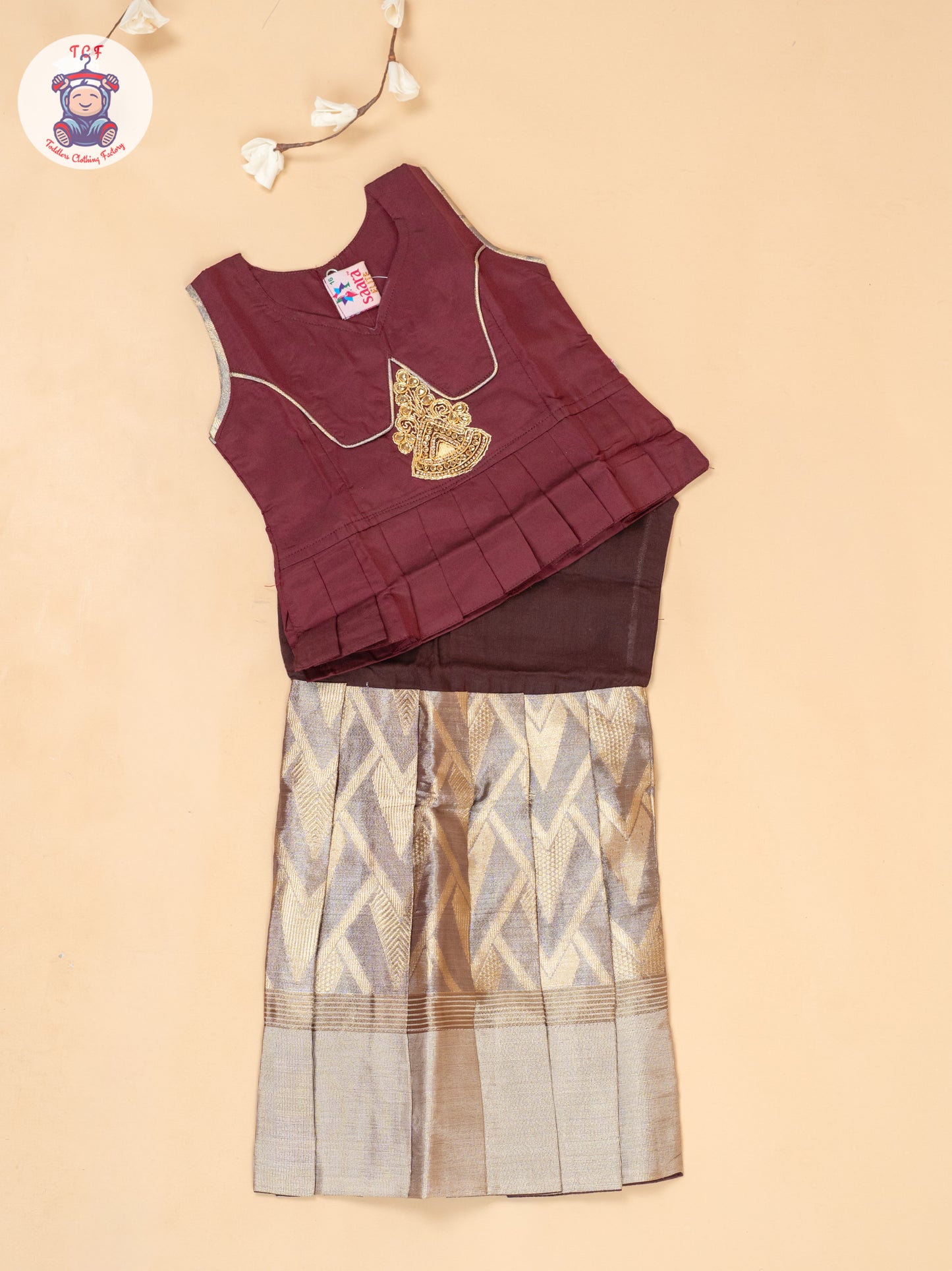 Maroon & Light Brown - Girls Readymade Pavadai Sattai
