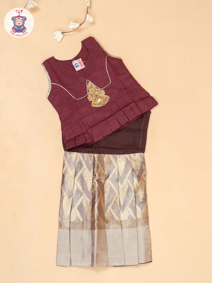 Maroon & Light Brown - Girls Readymade Pavadai Sattai