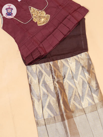 Maroon & Light Brown - Girls Readymade Pavadai Sattai