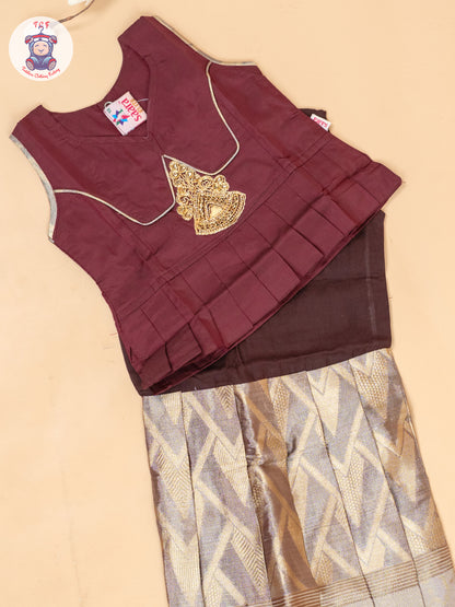 Maroon & Light Brown - Girls Readymade Pavadai Sattai