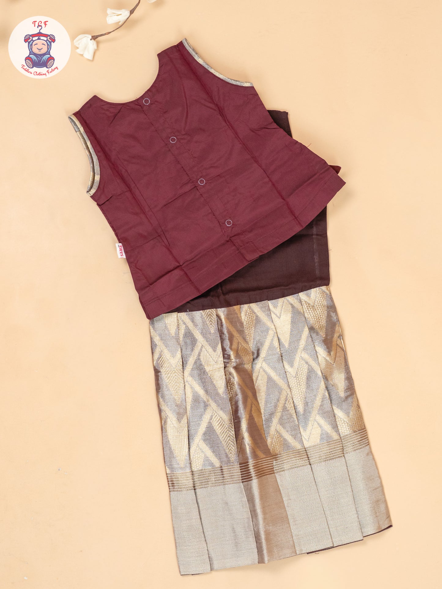 Maroon & Light Brown - Girls Readymade Pavadai Sattai