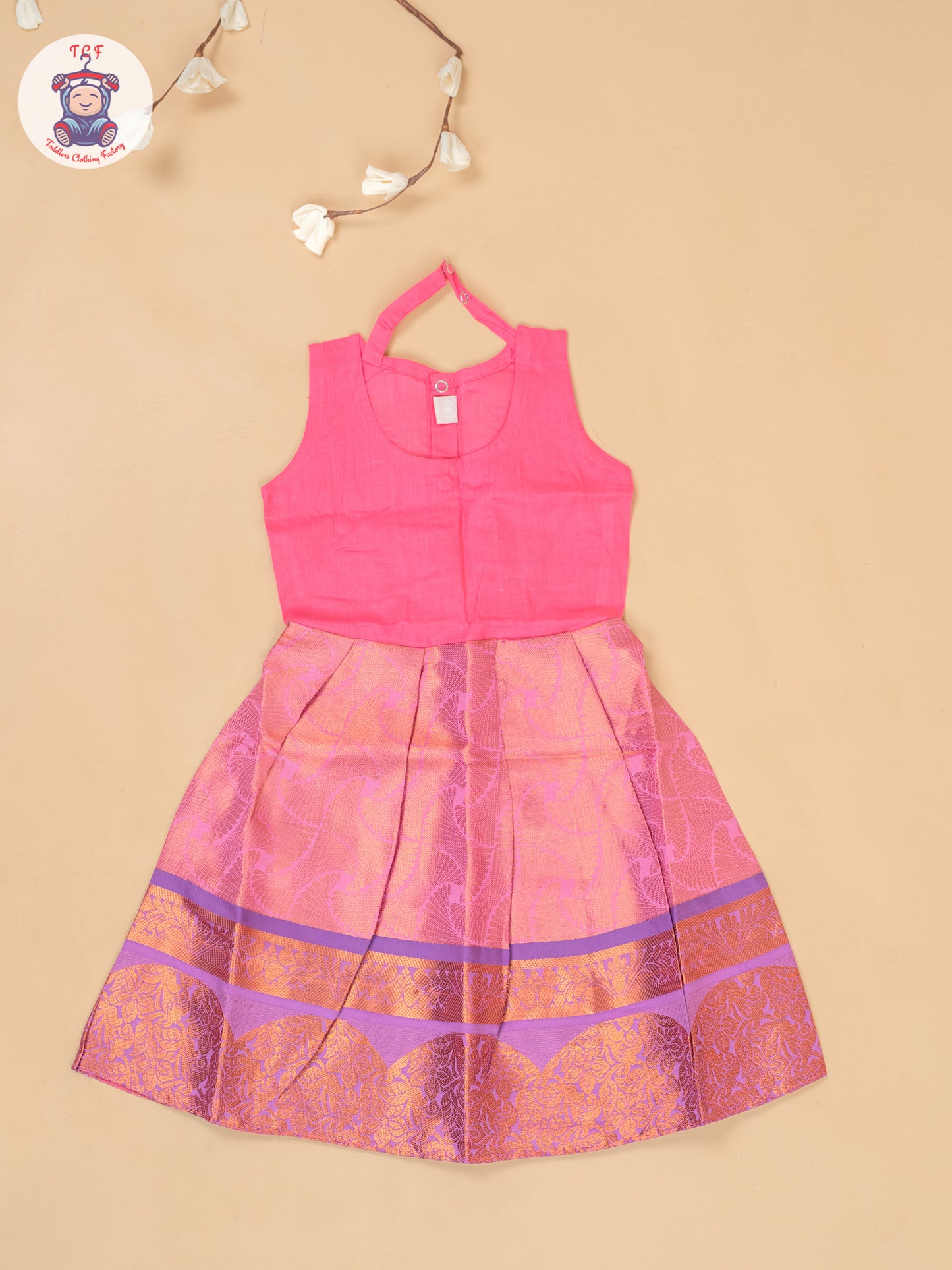 Leave Green & Lite Pink - Girls Readymade Pavadai Sattai