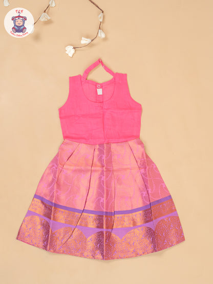 Leave Green & Lite Pink - Girls Readymade Pavadai Sattai