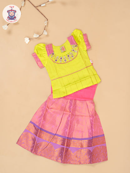 Leave Green & Lite Pink - Girls Readymade Pavadai Sattai