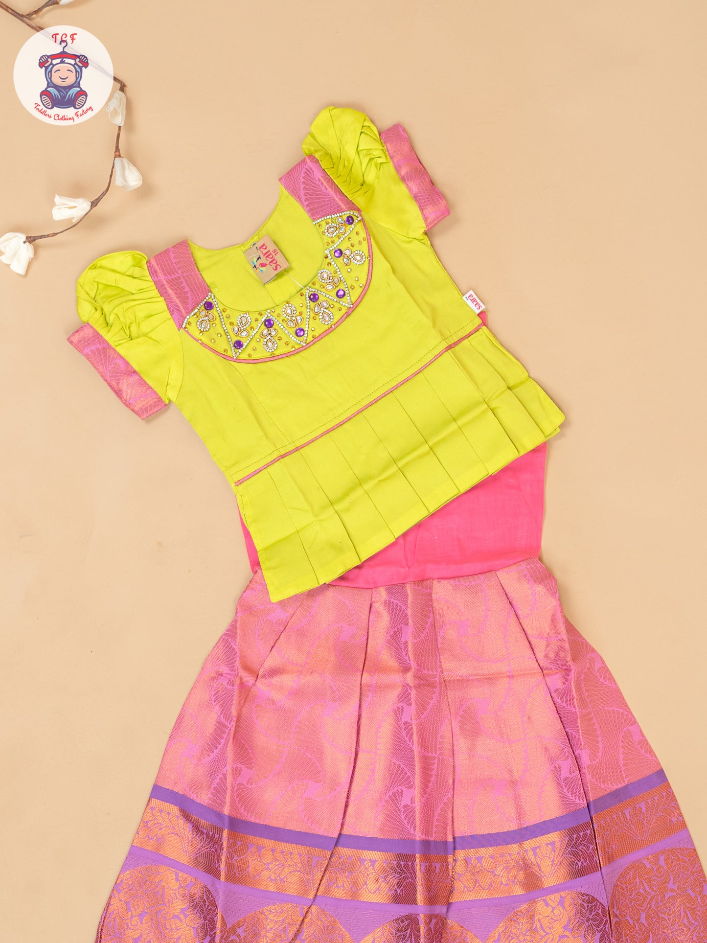 Leave Green & Lite Pink - Girls Readymade Pavadai Sattai
