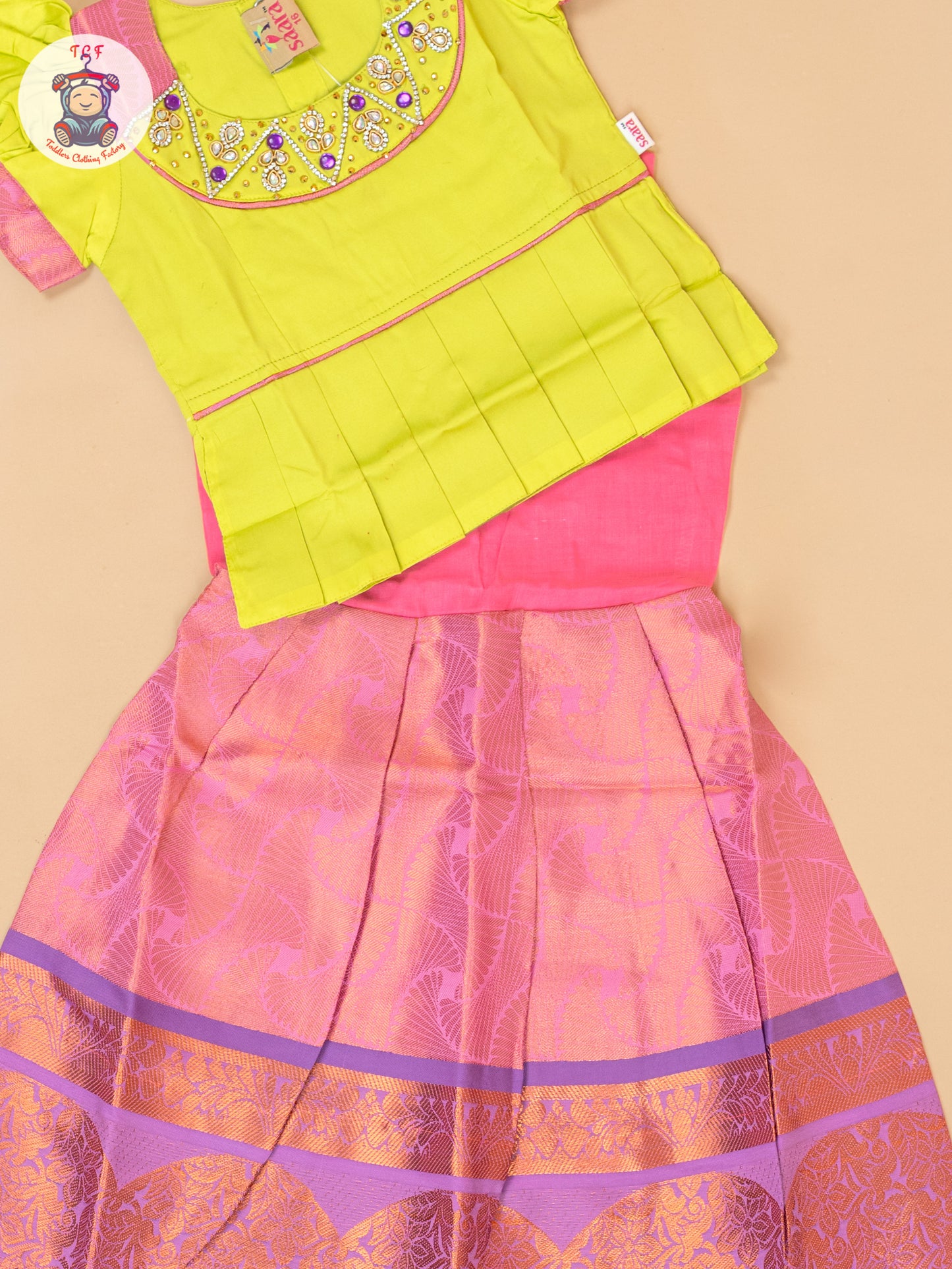 Leave Green & Lite Pink - Girls Readymade Pavadai Sattai