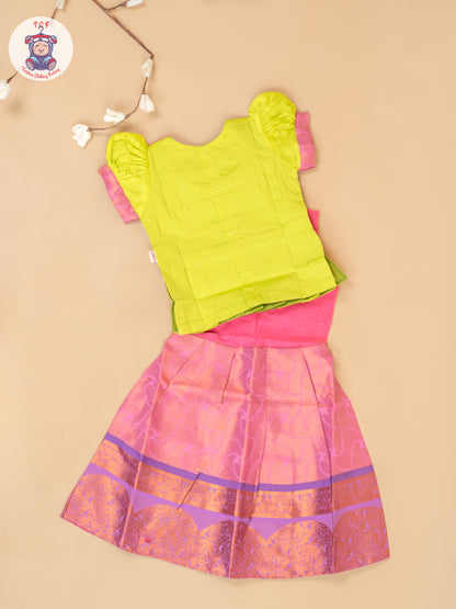 Leave Green & Lite Pink - Girls Readymade Pavadai Sattai