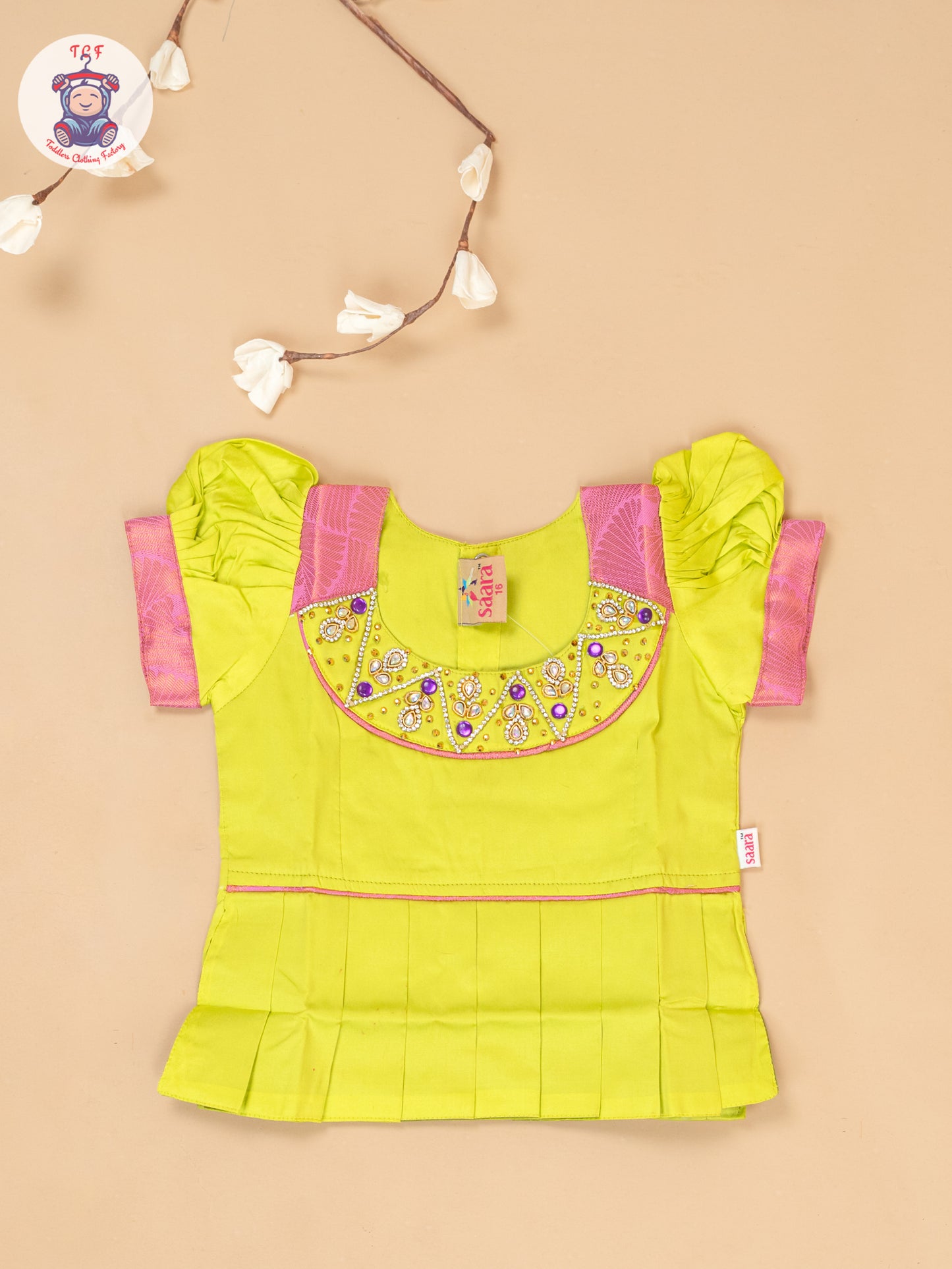 Leave Green & Lite Pink - Girls Readymade Pavadai Sattai
