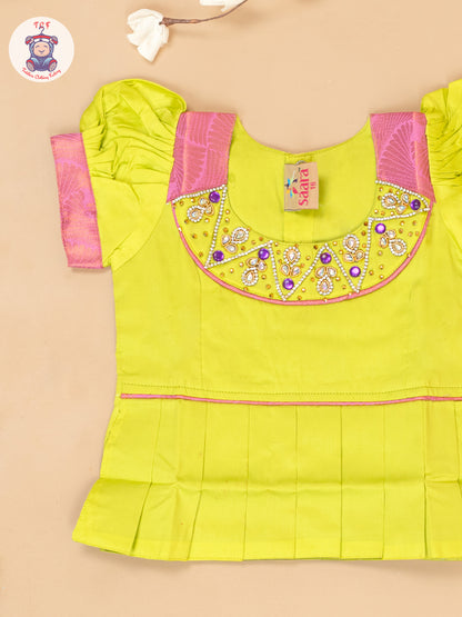 Leave Green & Lite Pink - Girls Readymade Pavadai Sattai