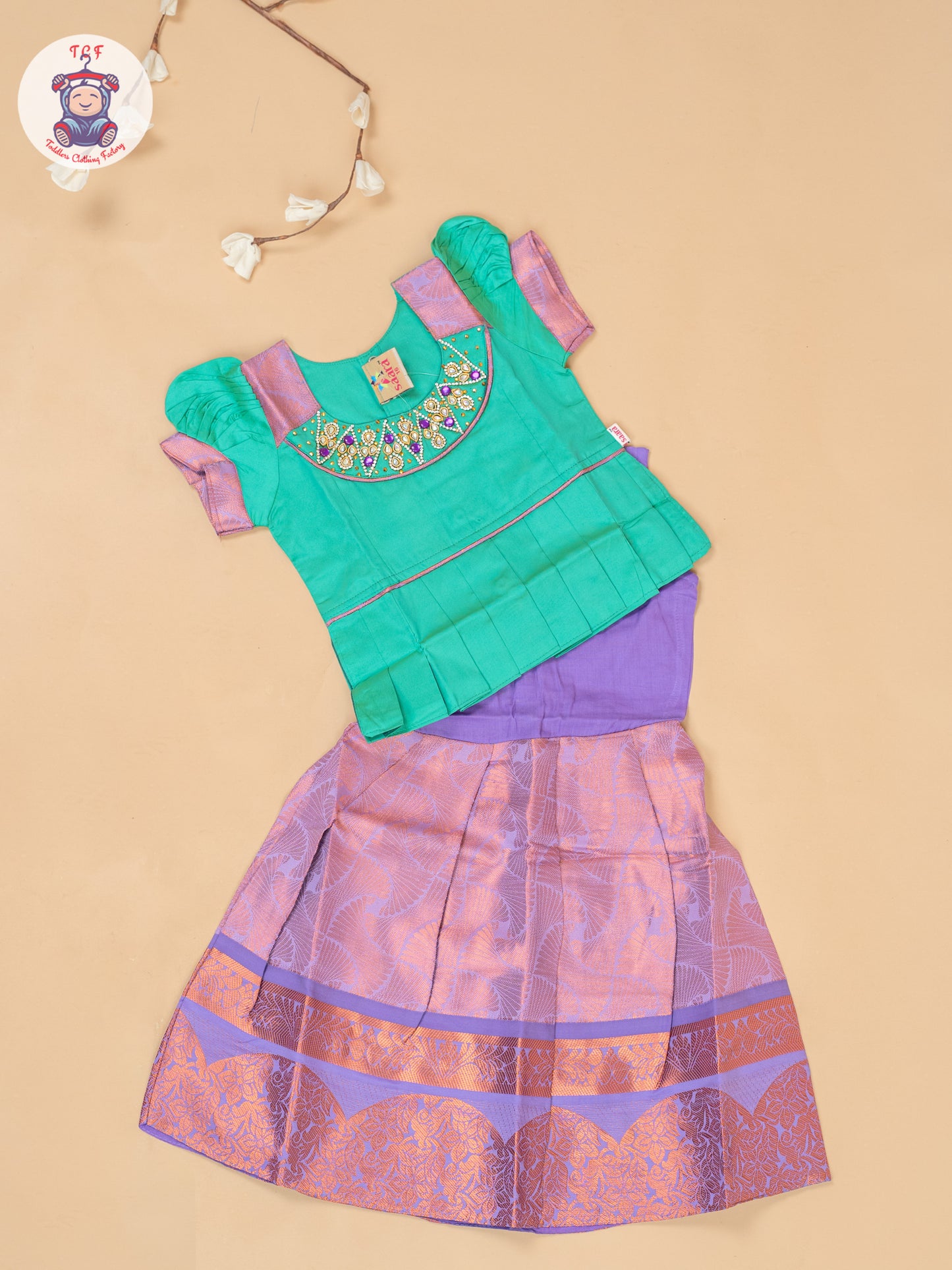 Teal Green & Lavender - Girls Readymade Pavadai Sattai