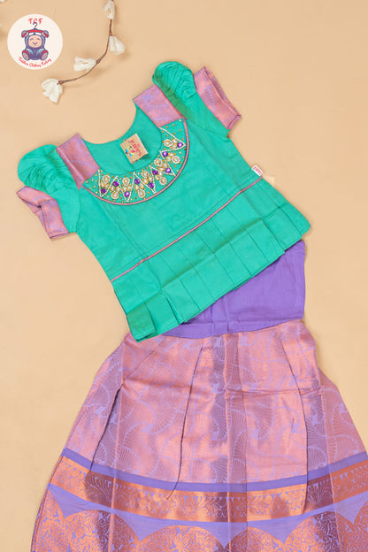 Teal Green & Lavender - Girls Readymade Pavadai Sattai