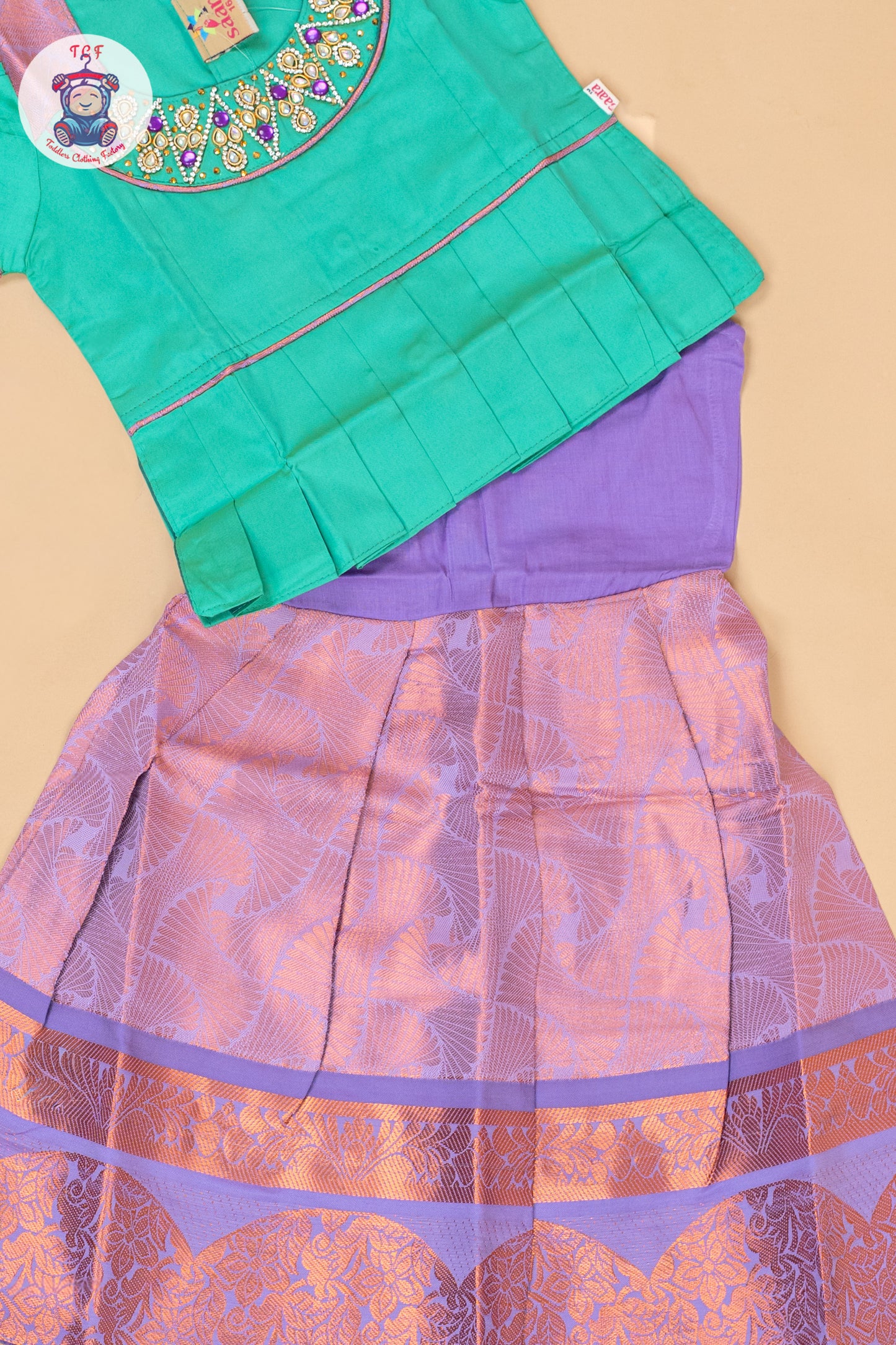 Teal Green & Lavender - Girls Readymade Pavadai Sattai