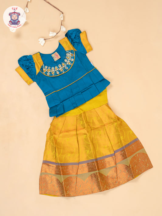 Peacock Green & Mustard - Girls Readymade Pavadai Sattai