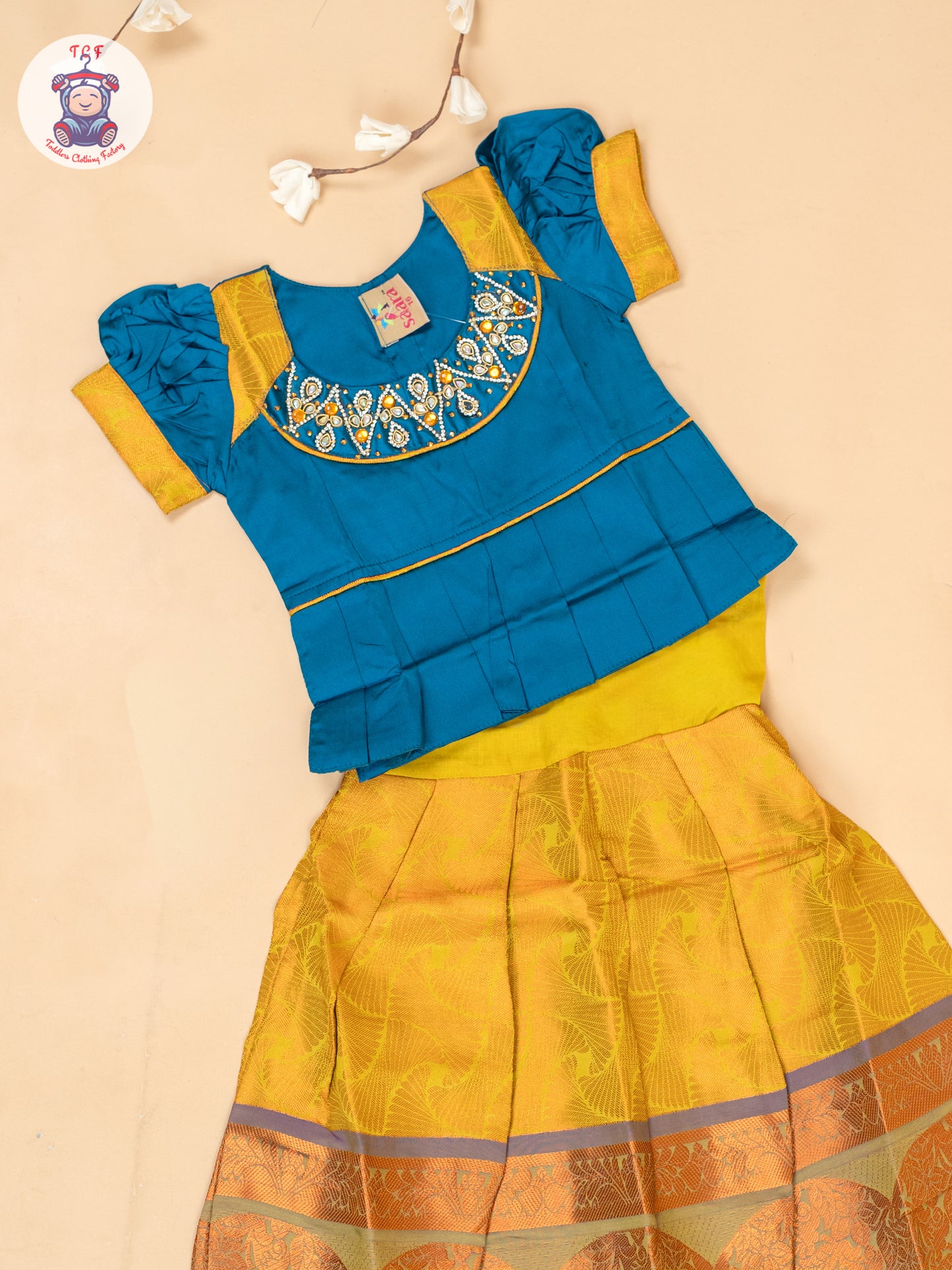 Peacock Green & Mustard - Girls Readymade Pavadai Sattai