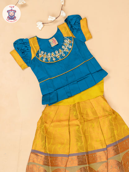 Peacock Green & Mustard - Girls Readymade Pavadai Sattai