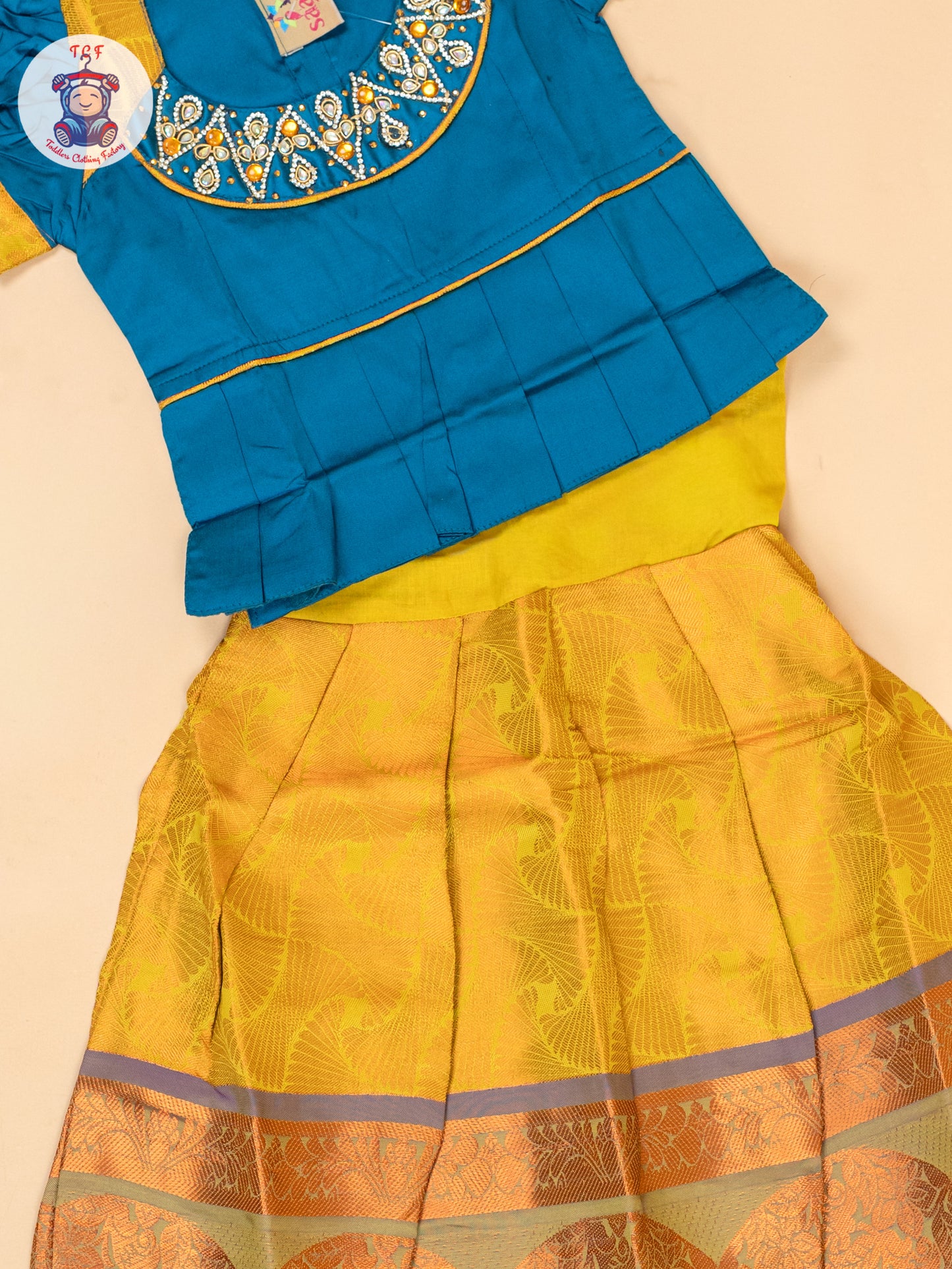 Peacock Green & Mustard - Girls Readymade Pavadai Sattai