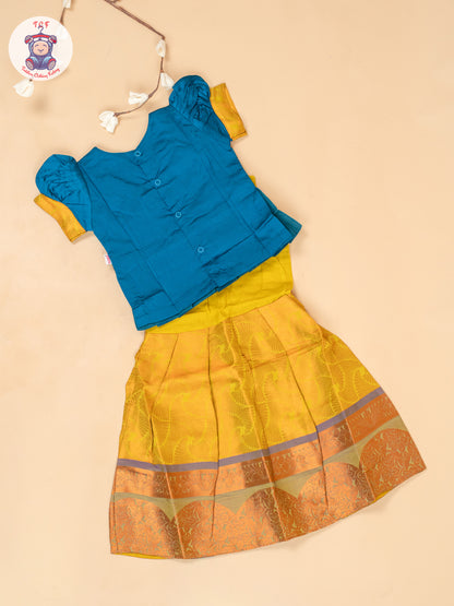 Peacock Green & Mustard - Girls Readymade Pavadai Sattai