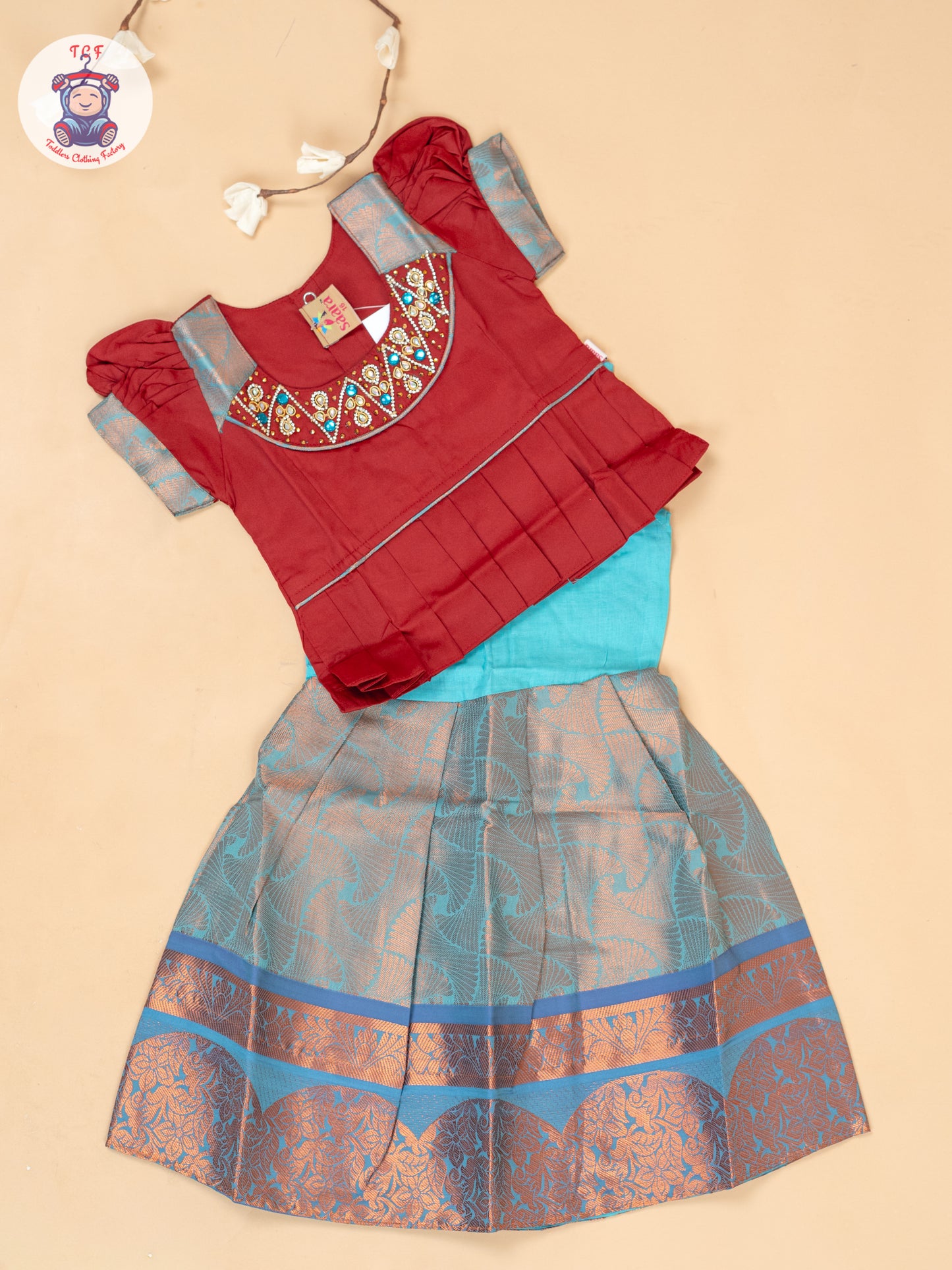 Red & Sky Blue - Girls Readymade Pavadai Sattai