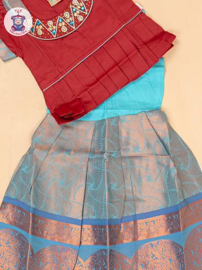 Red & Sky Blue - Girls Readymade Pavadai Sattai