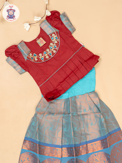 Red & Sky Blue - Girls Readymade Pavadai Sattai