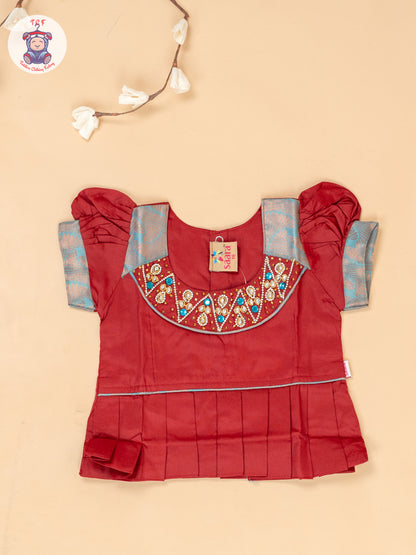 Red & Sky Blue - Girls Readymade Pavadai Sattai