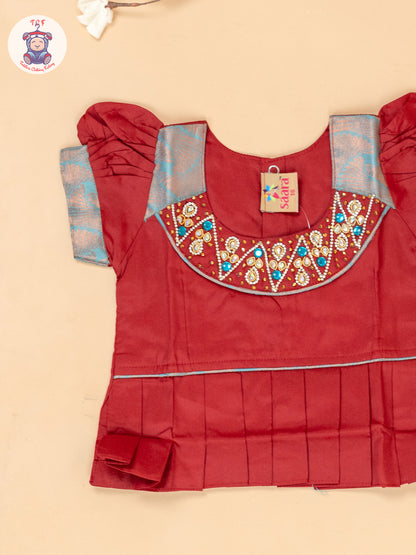 Red & Sky Blue - Girls Readymade Pavadai Sattai