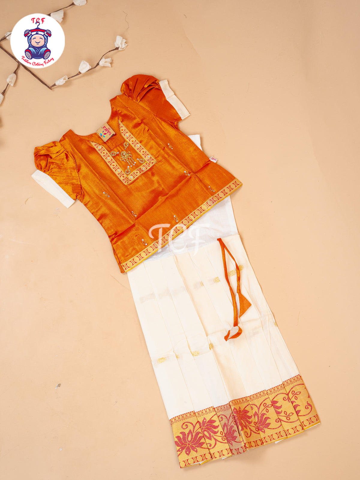 Orange Kerala Cotton - Girls Readymade Pavadai Sattai